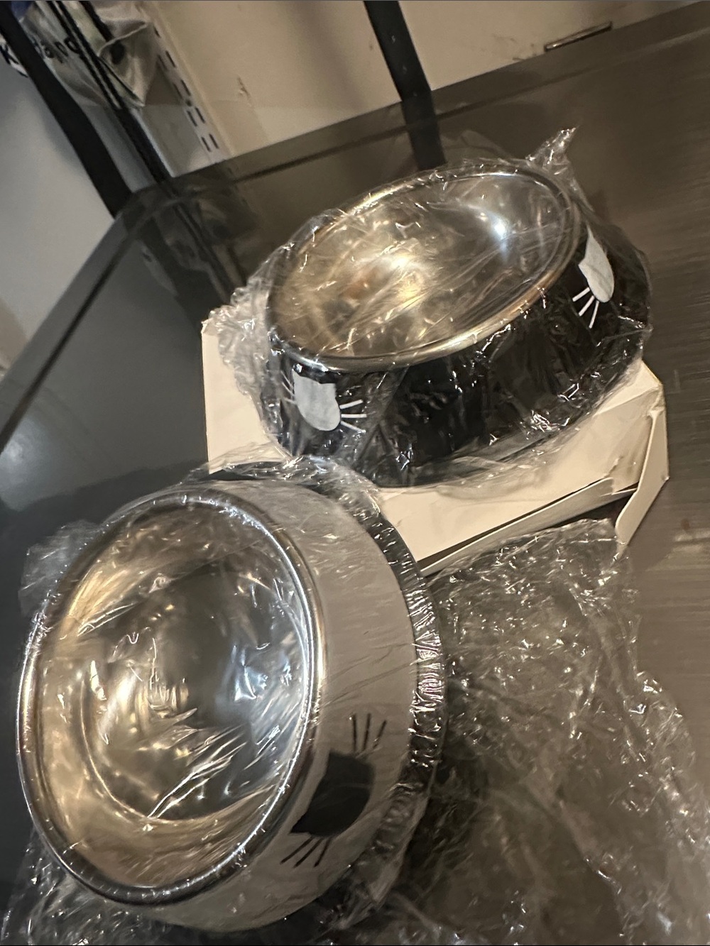 Stainless Steel Pet Feeding Bowls with Cat Face Accents - Black and White cats b